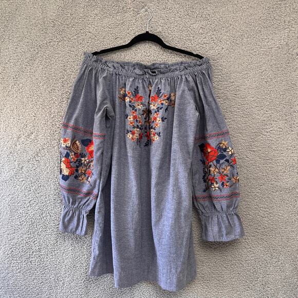 Chambray Light Blue Floral Embroidered OFF Shoulder Mini Dress Denim Cotton L - Picture 2 of 10
